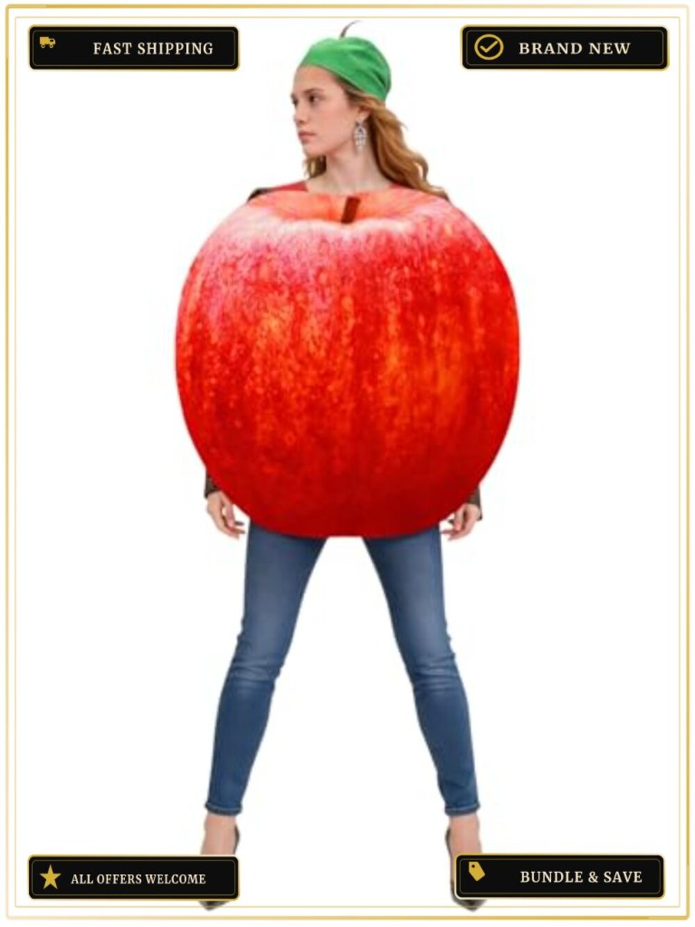 Adult Red Apple Costume with Green Leaf Hat One Size Polyester